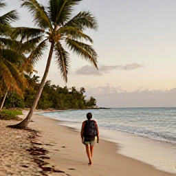 Caribbean Holidays, November Backpacking, Backpacker walking along a quiet tropical beach in Trinidad and Tobago during November, with palm trees, warm sea and soft morning light
