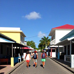 Caribbean Holidays, November Backpacking, Colourful Caribbean town street with market stalls, local caf&eacute;s and backpackers exploring on foot under bright tropical sunshine