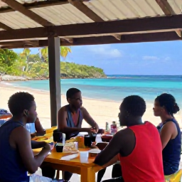 Caribbean Holidays, November Backpacking, Friendly Grenadian locals and backpackers sharing a relaxed meal at a small open-air restaurant near the coast
