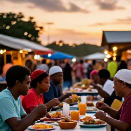 Caribbean Holidays, November Backpacking, Friendly travellers sharing a local meal at an outdoor Caribbean food market in Trinidad and Tobago at sunset