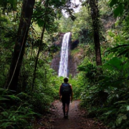 Caribbean Holidays, November Backpacking, Hiker on a rainforest trail in the Northern Range of Trinidad, surrounded by lush green trees and a small waterfall