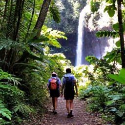 Caribbean Holidays, November Backpacking, Hikers following a lush Caribbean rainforest trail towards a waterfall, with tropical foliage and sunlight filtering through the trees