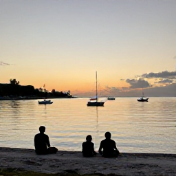 Caribbean Holidays, November Backpacking, Sunset over a peaceful Caribbean harbour with small boats, warm evening light and travellers relaxing near the waterfront