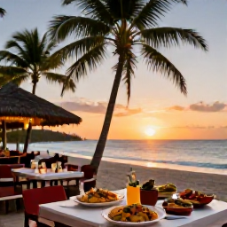 Caribbean Holidays, November Beach Holidays, Colourful Caribbean evening at a beachfront restaurant in Tobago, with local food, palm trees and sunset over the sea