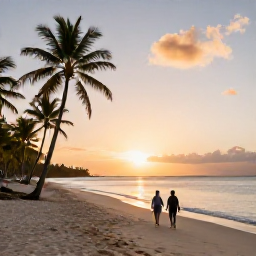 Caribbean Holidays, November Beach Holidays, Couple walking along a quiet palm-fringed Caribbean beach at sunset in November
