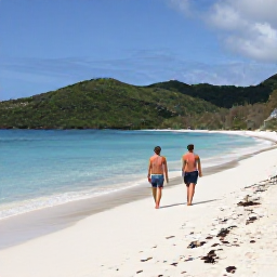 Caribbean Holidays, November Beach Holidays, Couple walking along a quiet sandy beach on Virgin Gorda, calm turquoise water and green hills in the British Virgin Islands