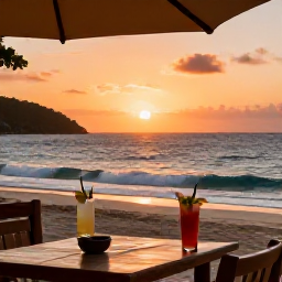 Caribbean Holidays, November Beach Holidays, Relaxed beachfront restaurant at sunset on Tortola, tropical drinks, gentle waves and warm evening light in the British Virgin Islands