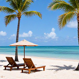 Caribbean Holidays, November Beach Holidays, Relaxed Caribbean resort beach with sun loungers, palm trees and calm blue water