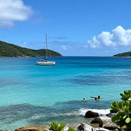 Caribbean Holidays, November Beach Holidays, Sailboat cruising between green Caribbean islands with snorkellers exploring clear water near a reef in the British Virgin Islands
