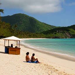 Caribbean Holidays, November Beach Holidays, Traveller relaxing on Maracas Bay beach with green hills, warm Caribbean water and a small beach snack stall