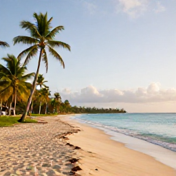 Caribbean Holidays, November Beach Holidays, Wide sandy beach in Trinidad and Tobago in November, calm turquoise sea, palm trees and soft morning sunlight