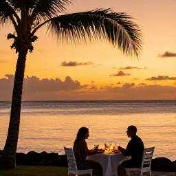 Caribbean Holidays, November Beaches, A couple enjoying a sunset dinner beside the sea on Saint Kitts, with softly lit tables, palm silhouettes and orange evening skies
