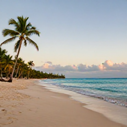Caribbean Holidays, November Beaches, A peaceful Saint Martin beach at dawn with empty sand, calm turquoise sea and palm trees in gentle morning light