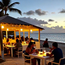 Caribbean Holidays, November Beaches, A relaxed beach restaurant in Grand Case at sunset, with tables near the sand, warm lights and diners enjoying Caribbean food