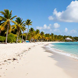 Caribbean Holidays, November Beaches, A wide, quiet white-sand beach in Antigua with turquoise Caribbean water, palm trees and soft November sunshine