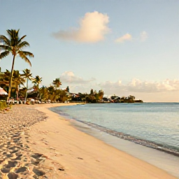 Caribbean Holidays, November Beaches, A wide sandy beach on Saint Martin with calm turquoise Caribbean water, palm trees and soft November sunshine