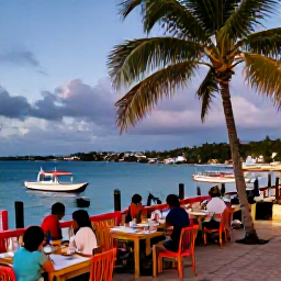 Caribbean Holidays, November Beaches, Colourful waterfront dining area in English Harbour, Antigua, with boats, palm trees and visitors enjoying an evening meal