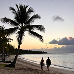 Caribbean Holidays, November Beaches, Couple walking along a quiet Antigua beach at sunset, with palm silhouettes and calm Caribbean water