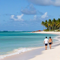 Caribbean Holidays, November Beaches, Couple walking beside calm turquoise water on a palm-fringed Dominican Republic beach in November