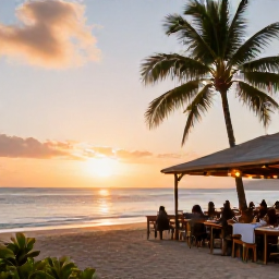 Caribbean Holidays, November Beaches, Open-air beach restaurant in Saint Lucia at sunset, serving fresh seafood with the sea and palm trees nearby