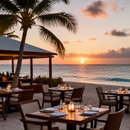 Caribbean Holidays, November Beaches, Outdoor restaurant beside a beach in Providenciales, Turks and Caicos, tables prepared for a relaxed sunset dinner in November