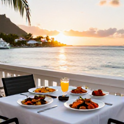 Caribbean Holidays, November Beaches, Outdoor table at a relaxed waterfront restaurant in Gustavia, Saint Barth&eacute;lemy, serving Caribbean seafood at sunset