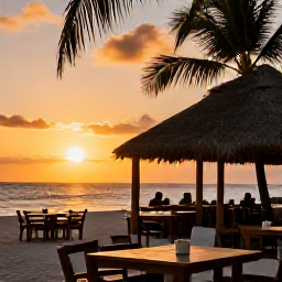 Caribbean Holidays, November Beaches, Relaxed beachfront restaurant at sunset in the Dominican Republic, with outdoor tables, palm trees and golden November light