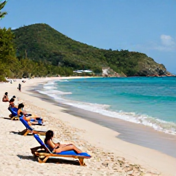 Caribbean Holidays, November Beaches, Visitors relaxing on a peaceful beach near Frigate Bay, Saint Kitts, with sun loungers, gentle waves and green hills in the background