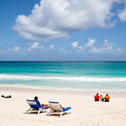 Caribbean Holidays, November Beaches, Visitors relaxing on Orient Bay Beach in Saint Martin, with sun loungers, turquoise sea and gentle waves under a partly cloudy sky