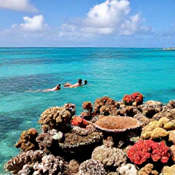 Caribbean Holidays, November Beaches, Visitors snorkelling above a colourful coral reef in clear turquoise water near Providenciales, Turks and Caicos, sunny November day