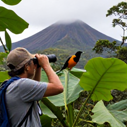 Caribbean Holidays, November Birdwatching, A birdwatcher observing a Montserrat oriole in dense rainforest, with binoculars, broad green leaves and volcanic hills in the background
