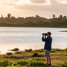 Caribbean Holidays, November Birdwatching, A birdwatcher with binoculars beside a quiet Bermuda wetland in November, with native vegetation, calm water and soft morning light