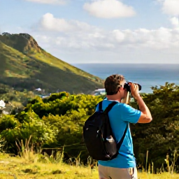 Caribbean Holidays, November Birdwatching, A birdwatcher with binoculars overlooking green hills and coastal woodland on Saint Kitts in warm November sunshine