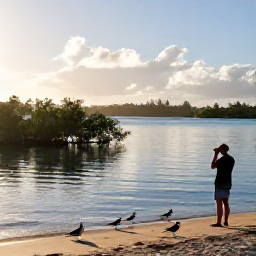 Caribbean Holidays, November Birdwatching, A calm Caribbean shoreline on Saint Kitts with seabirds, mangroves and a birdwatcher at sunrise