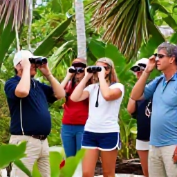 Caribbean Holidays, November Birdwatching, A friendly birdwatching group exploring a scenic Bermuda reserve in November, with binoculars, comfortable walking clothes and subtropical greenery