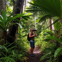Caribbean Holidays, November Birdwatching, A lush rainforest trail on Mount Liamuiga with tropical foliage, filtered sunlight and a birder carrying binoculars