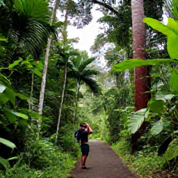 Caribbean Holidays, November Birdwatching, A lush rainforest trail on Saint Vincent with a birder using binoculars beneath tall tropical trees