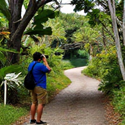 Caribbean Holidays, November Birdwatching, A peaceful Bermuda nature trail winding through woodland towards a freshwater pond, with a birder carrying binoculars