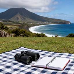 Caribbean Holidays, November Birdwatching, A relaxed birdwatching picnic overlooking Montserrat&rsquo;s coastline and volcanic hills, with binoculars resting beside a travel notebook
