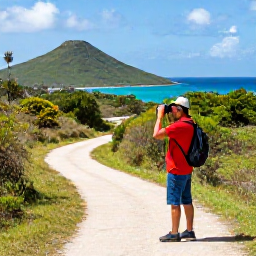 Caribbean Holidays, November Birdwatching, Birdwatcher using binoculars beside a quiet Caribbean trail on Tortola, with green hills and blue sea in the background