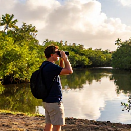 Caribbean Holidays, November Birdwatching, Birdwatcher using binoculars beside a quiet mangrove lagoon in the United States Virgin Islands, warm November morning, natural travel photography