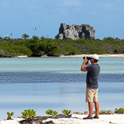 Caribbean Holidays, November Birdwatching, Birdwatcher using binoculars beside a quiet salt pond on Grand Turk, with mangroves and limestone landscape in the background