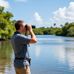 Caribbean Holidays, November Birdwatching, Birdwatcher with binoculars beside a quiet mangrove lagoon on Saint Barth&eacute;lemy in November, tropical Caribbean landscape