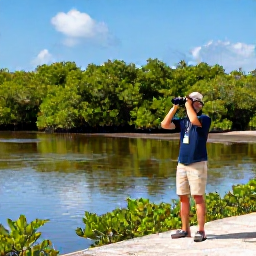 Caribbean Holidays, November Birdwatching, Birdwatcher with binoculars beside the mangroves and salt pond at Baie de l'Embouchure, Saint Martin