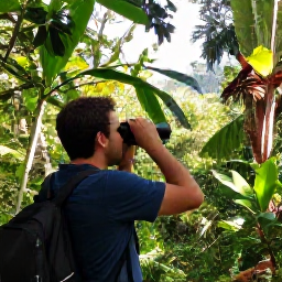 Caribbean Holidays, November Birdwatching, Birdwatcher with binoculars in a lush Dominican Republic forest during a bright November morning