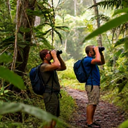 Caribbean Holidays, November Birdwatching, Birdwatchers with binoculars exploring a rainforest trail in Trinidad in soft early morning light
