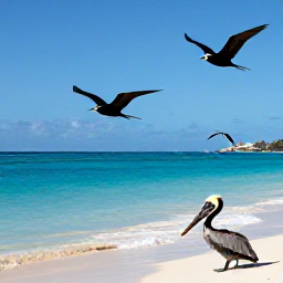 Caribbean Holidays, November Birdwatching, Brown pelican and magnificent frigatebird flying above a sunny Caribbean beach on Sint Maarten