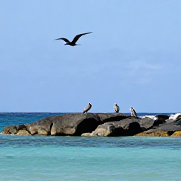 Caribbean Holidays, November Birdwatching, Brown pelican and magnificent frigatebird flying above turquoise water near the rocky coastline of Saint Barth&eacute;lemy