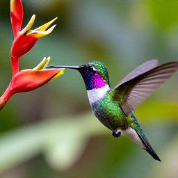Caribbean Holidays, November Birdwatching, Close-up view of a colourful Caribbean hummingbird feeding beside tropical flowers, with lush forest behind