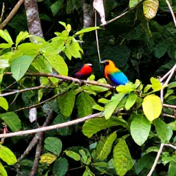 Caribbean Holidays, November Birdwatching, Colourful tropical birds perched among lush green foliage in a Trinidad rainforest during November